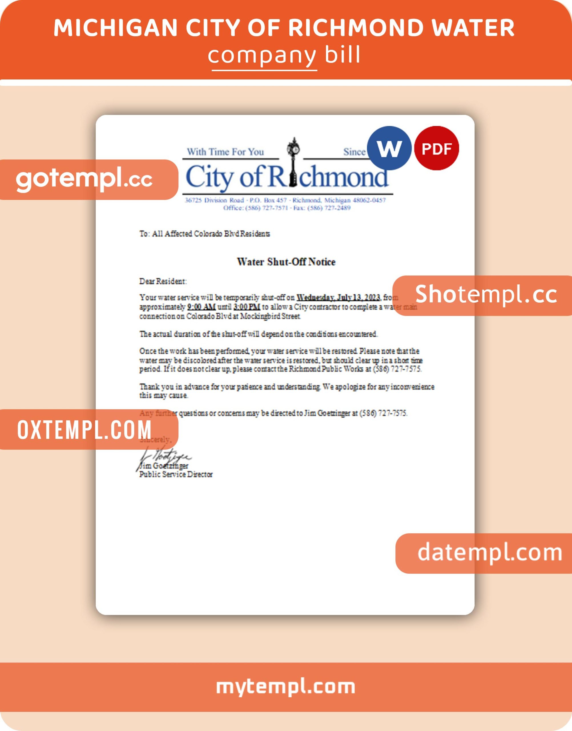 Michigan City of Richmond water shut off notice business utility bill, PDF and WORD template