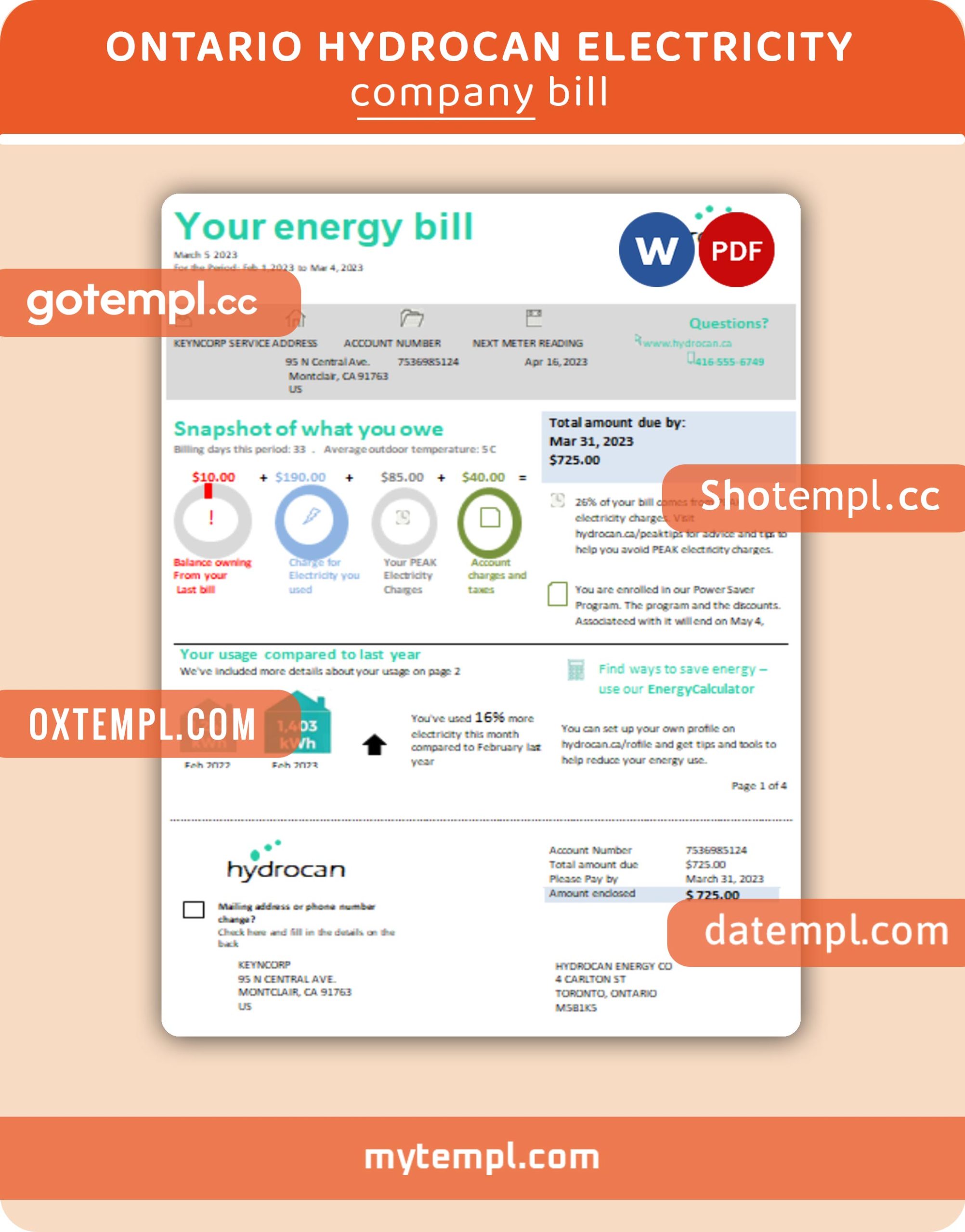 Ontario Hydrocan business utility bill, Word and PDF template, 4 pages, version 3