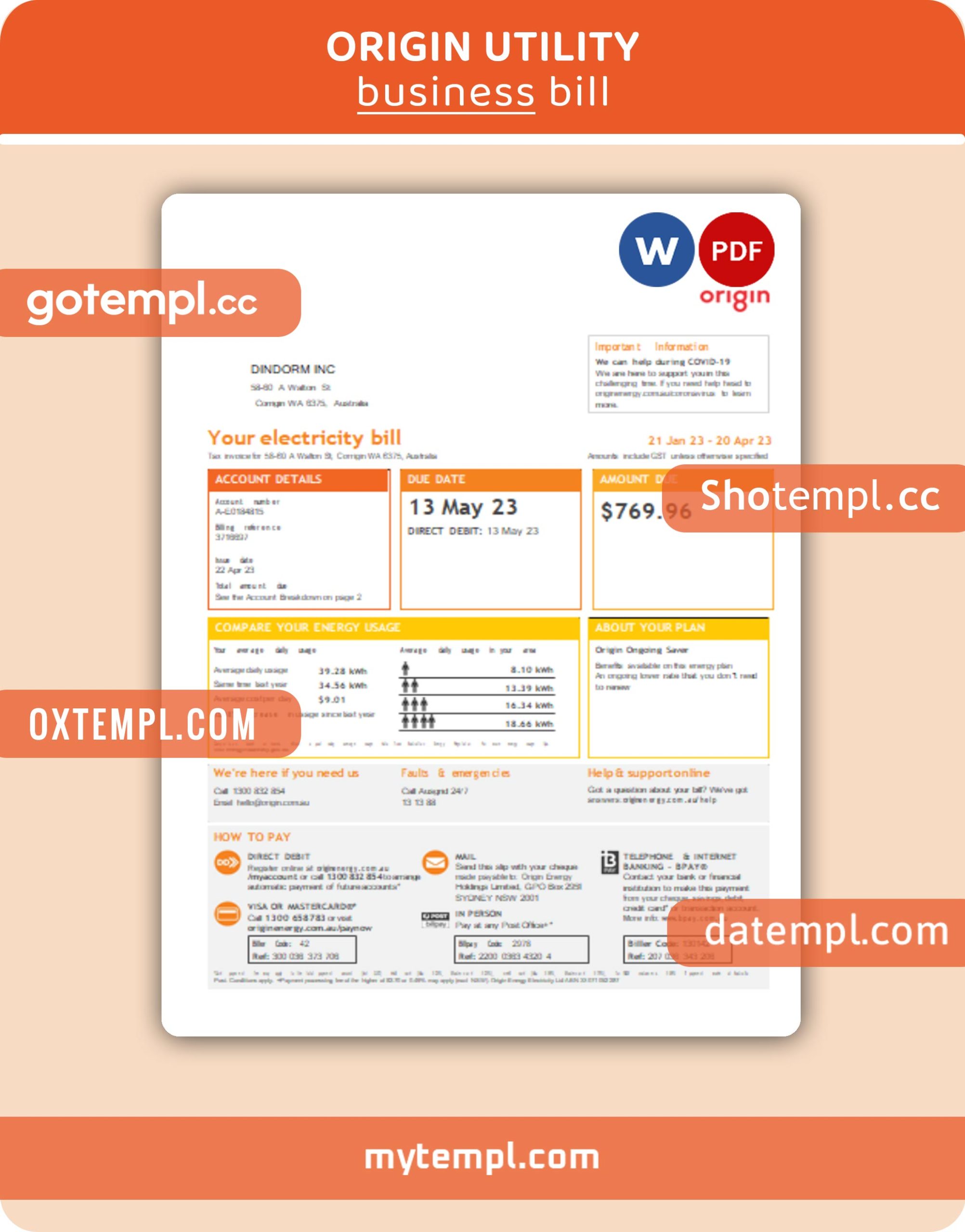 Origin business utility bill, Word and PDF template