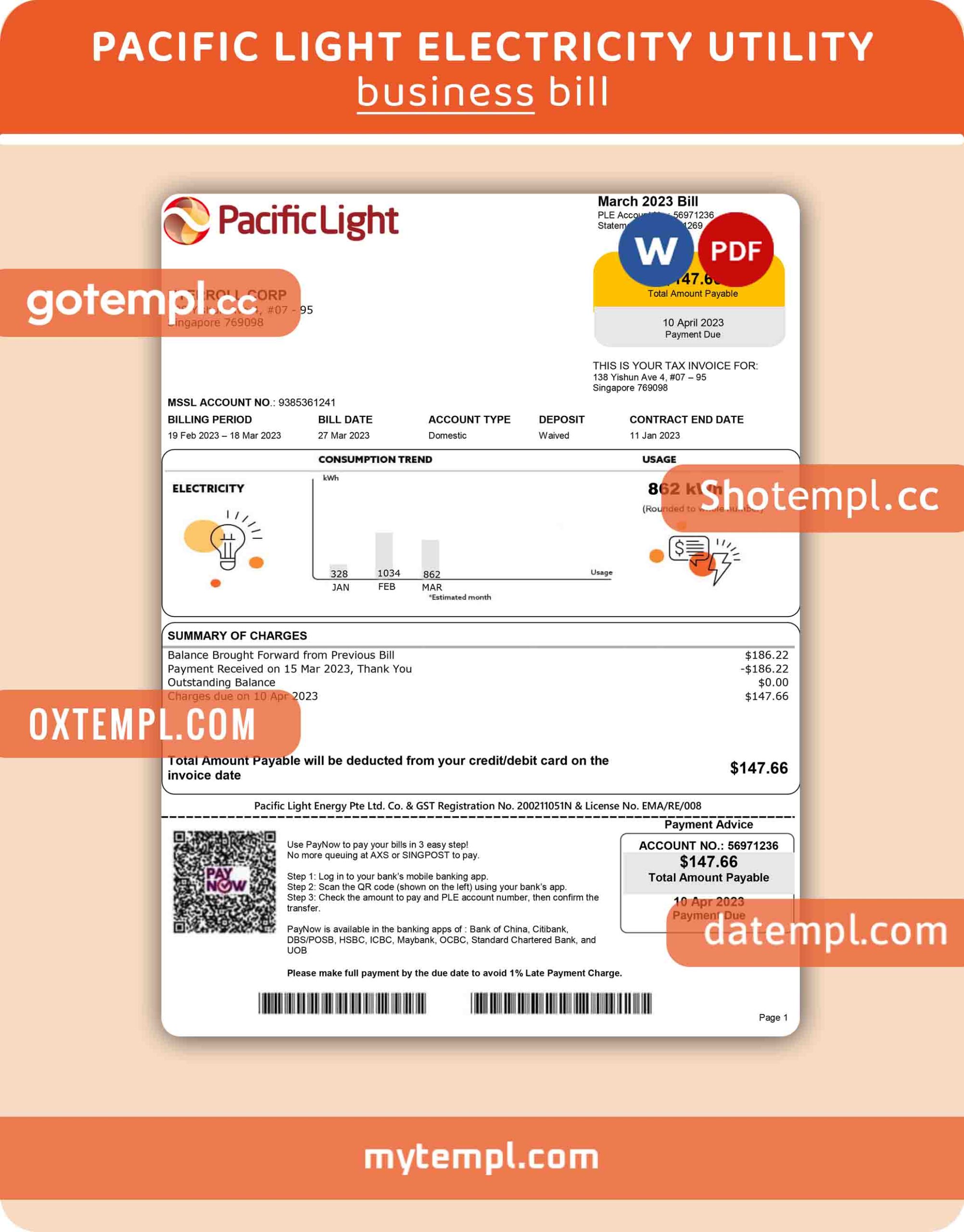 Pacific Light electricity business utility bill, Word and PDF template, 4 pages, version 3