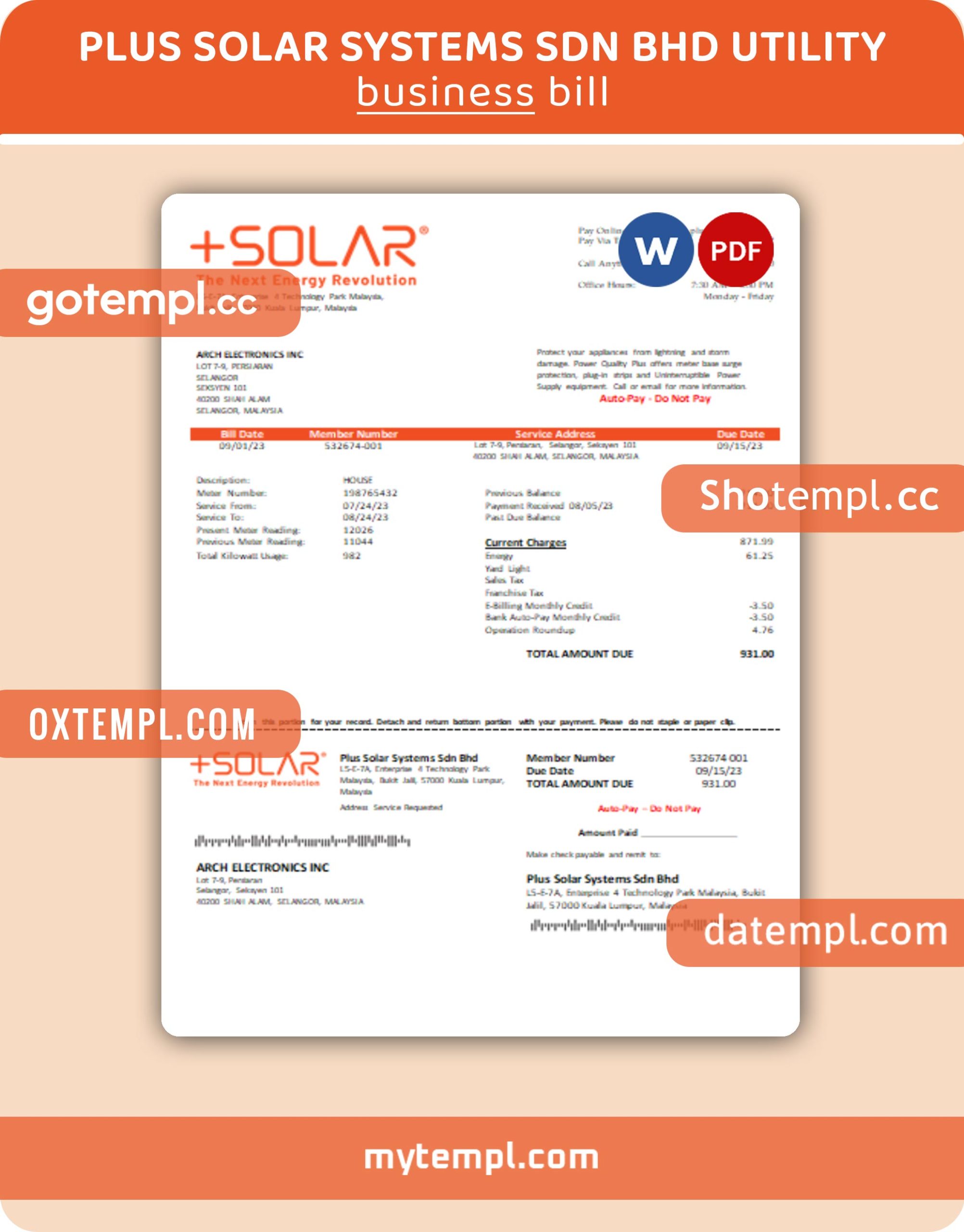 Plus Solar Systems Sdn Bhd business utility bill, PDF and WORD template