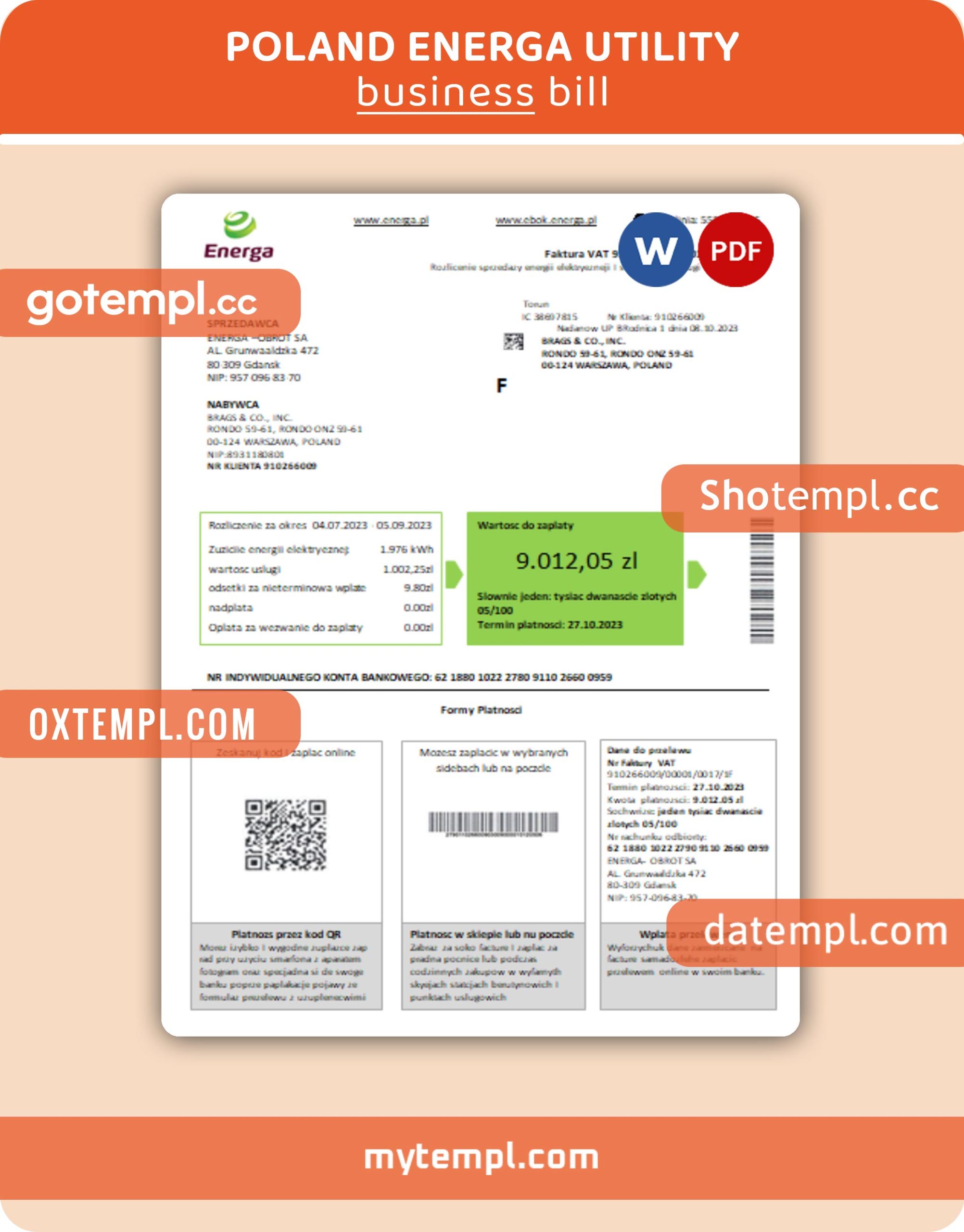 Poland Energa business utility bill, Word and PDF template, 4 pages, version 3