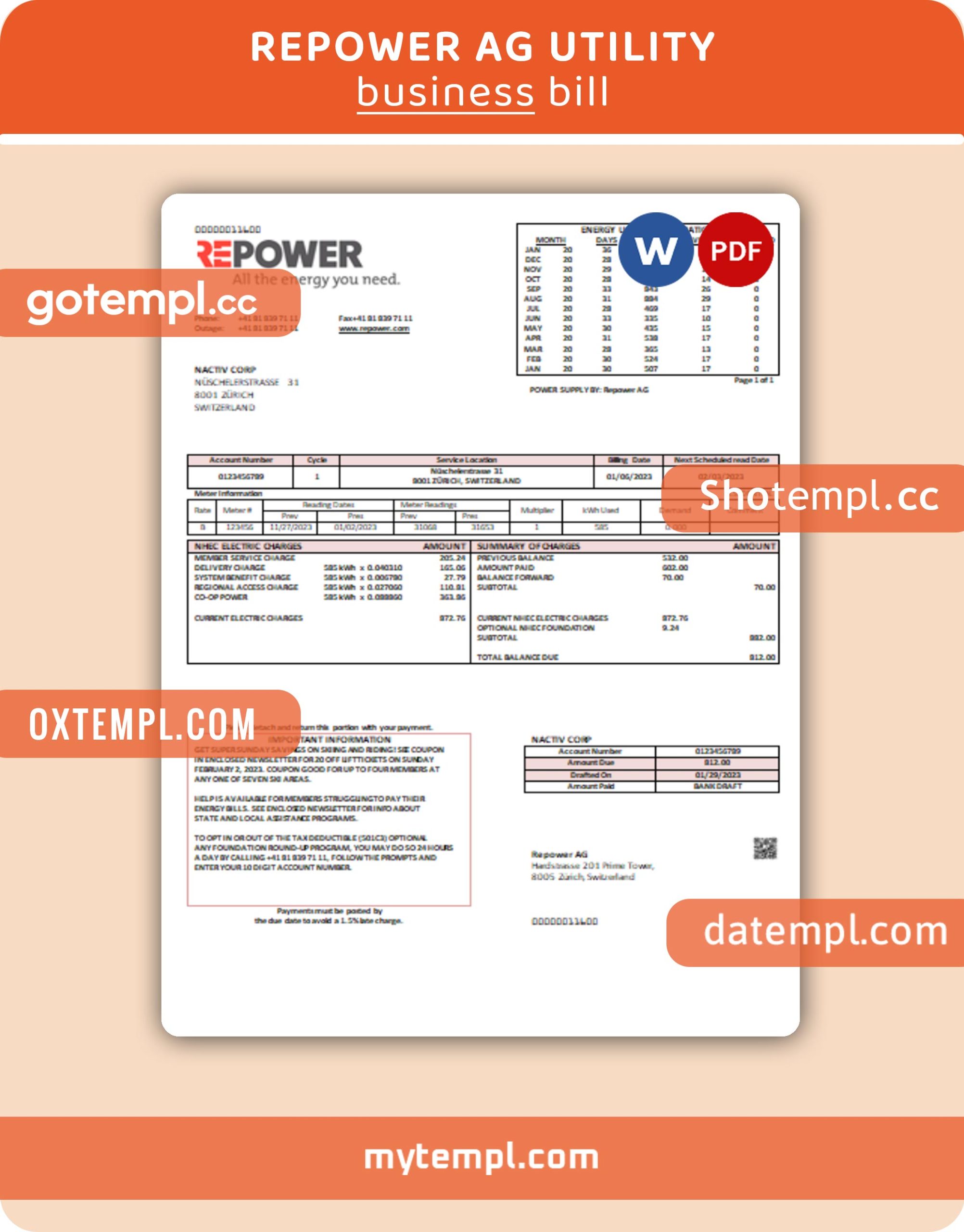 Repower AG business utility bill, Word and PDF template