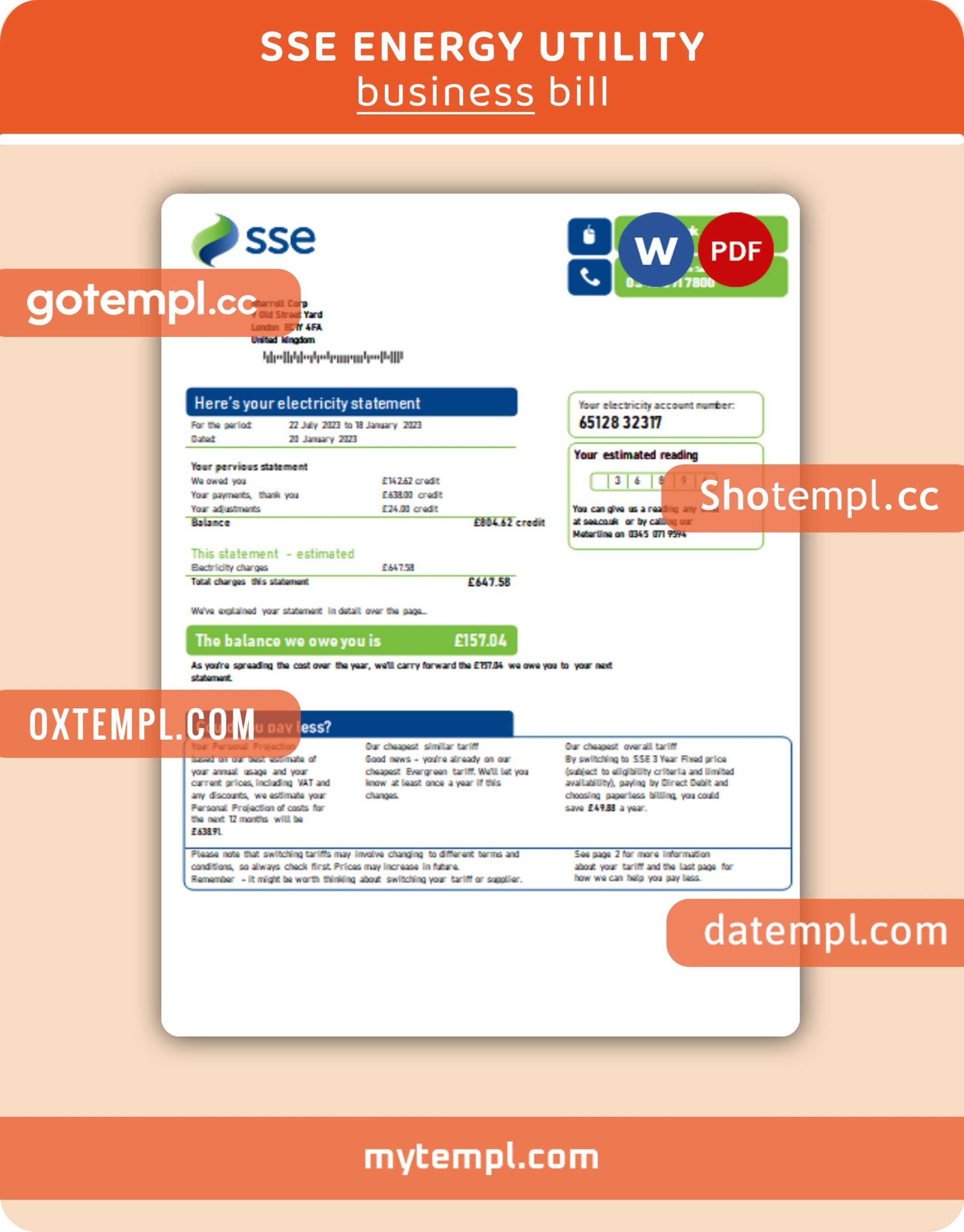SSE Energy business utility bill, Word and PDF template