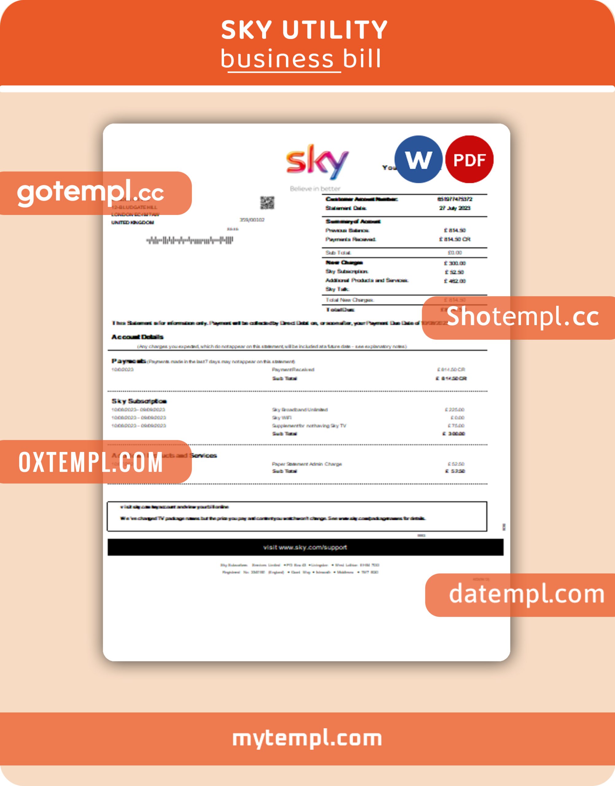Sky business utility bill, Word and PDF template