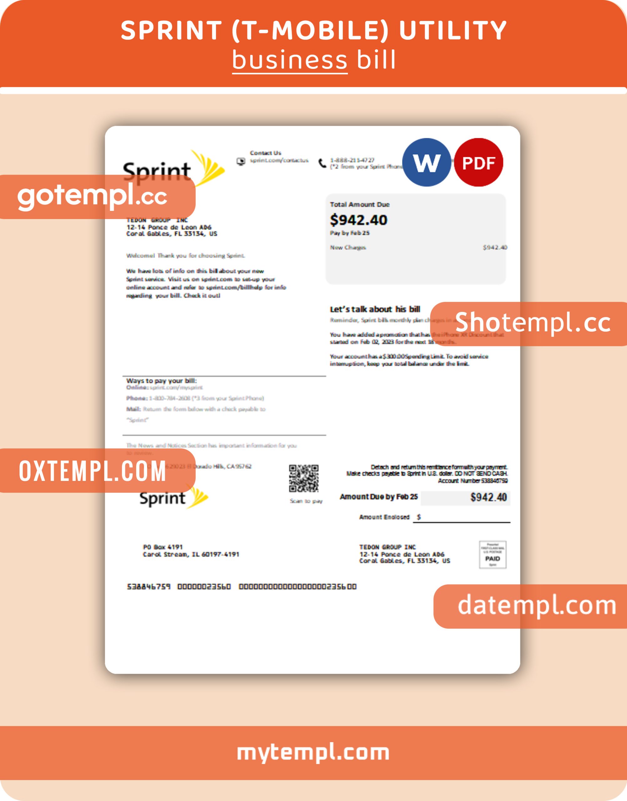 Sprint (T-Mobile) business utility bill, Word and PDF template, 4 pages, version 3