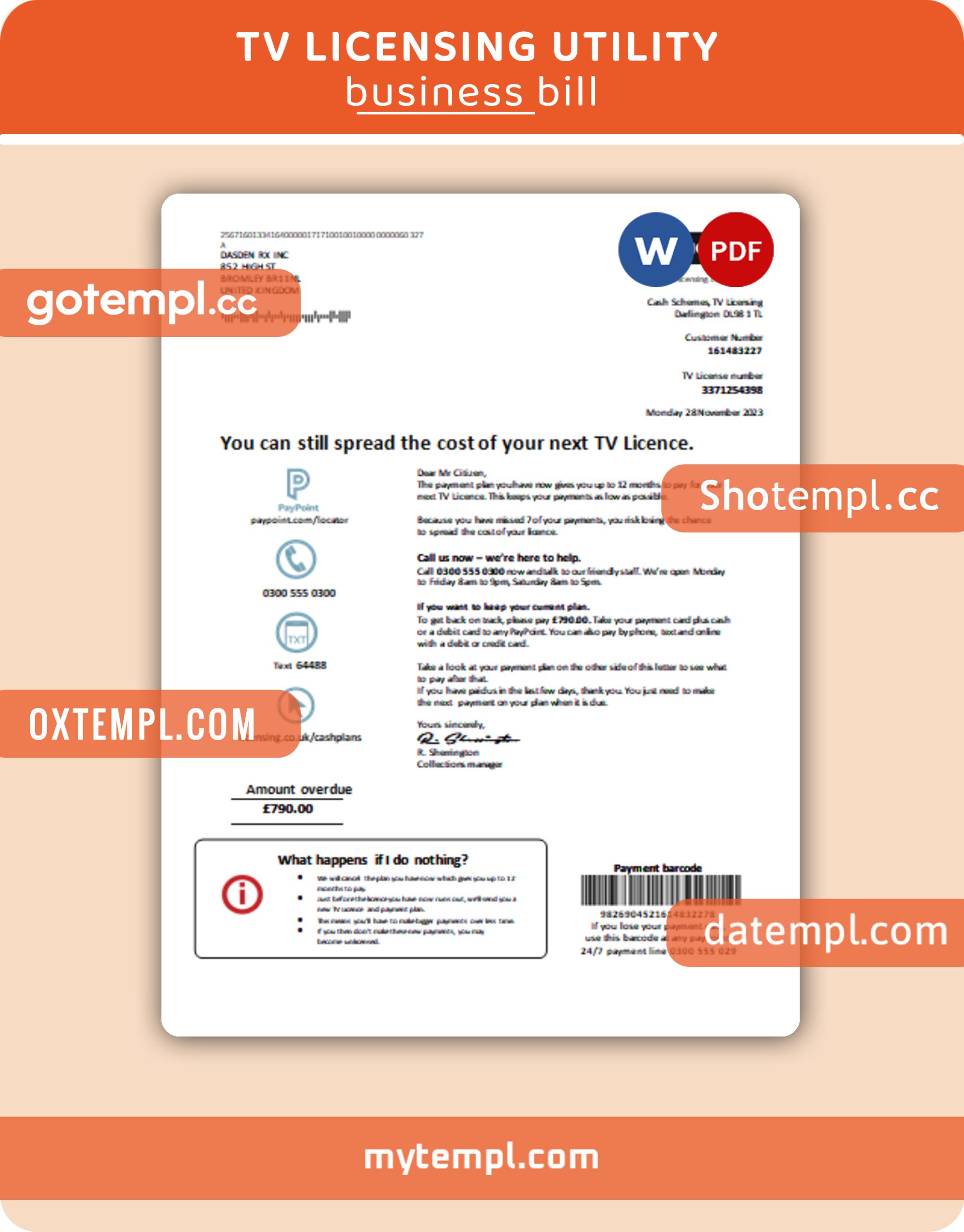 TV Licensing business utility bill, PDF and WORD template