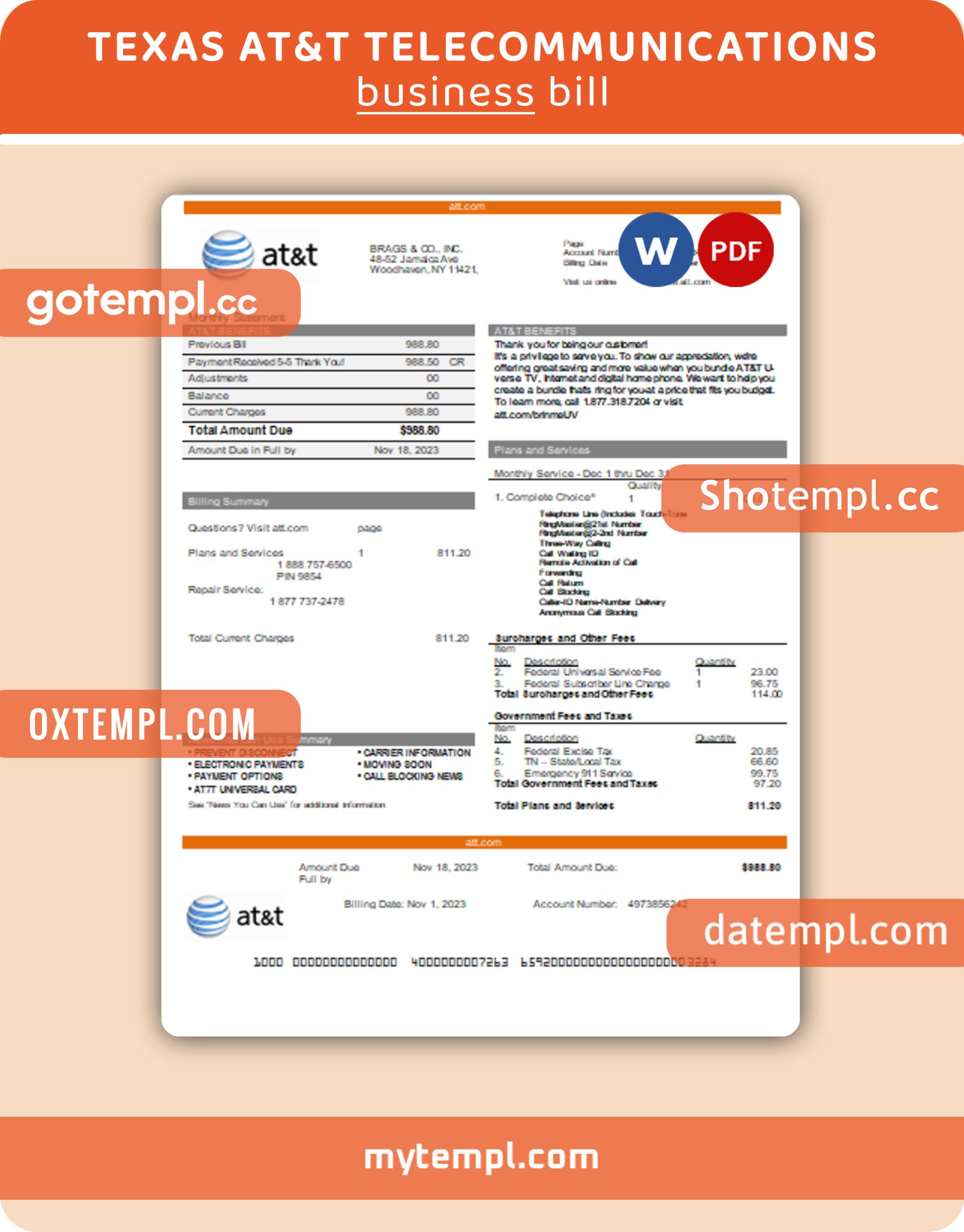 Texas AT&T telecommunications business utility bill, Word and PDF template, 2 pages