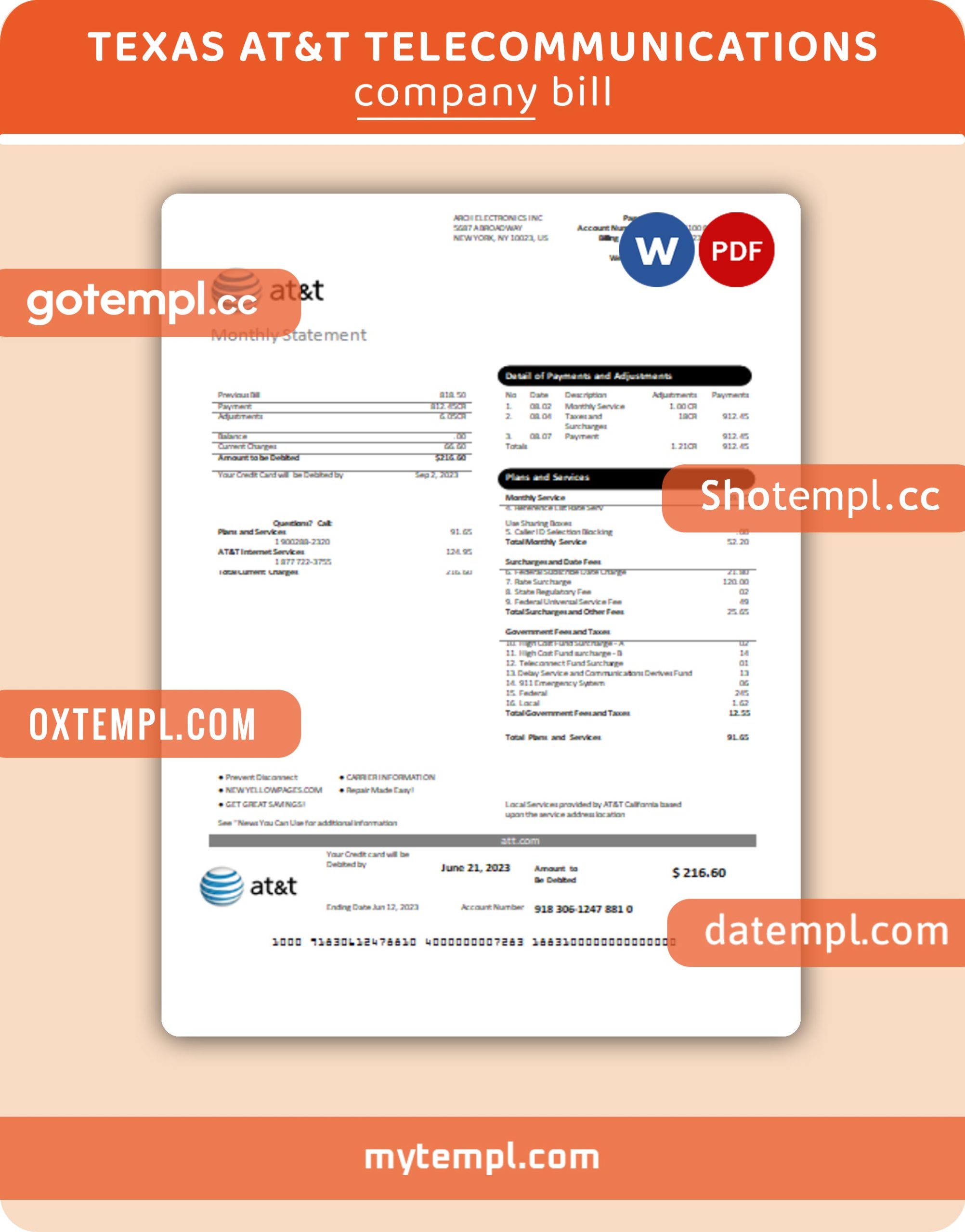 Texas AT&amp;T telecommunications business utility bill, Word and PDF template