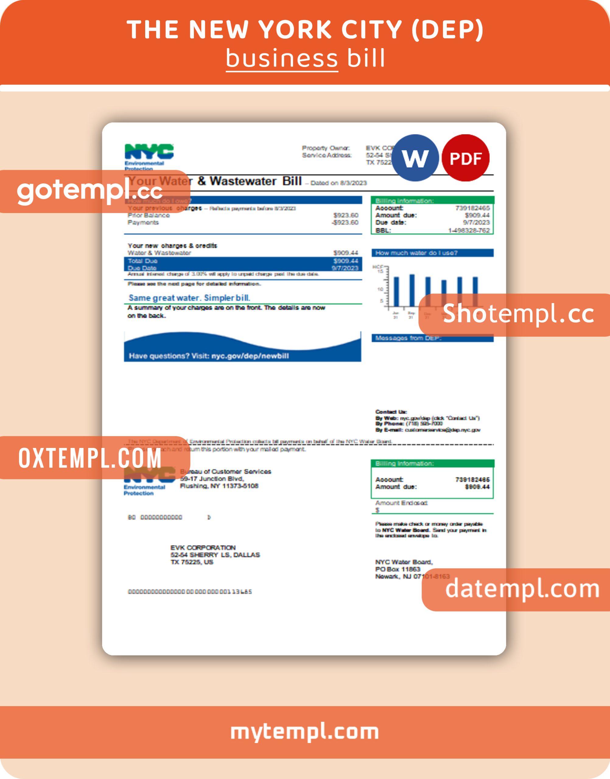 The New York City Department of Environmental Protection (DEP) business utility bill, Word and PDF template