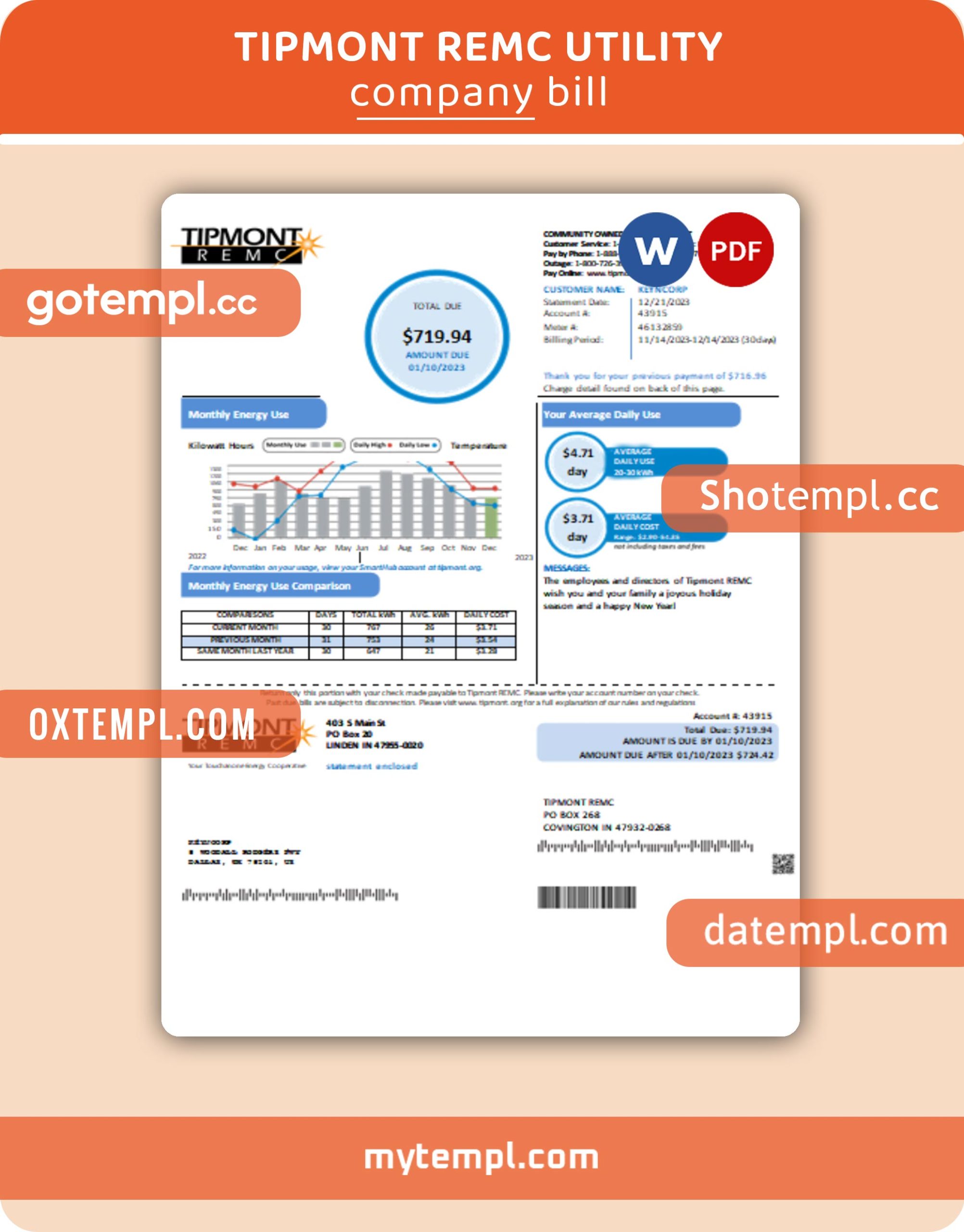 Tipmont REMC business utility bill, Word and PDF template, 2 pages