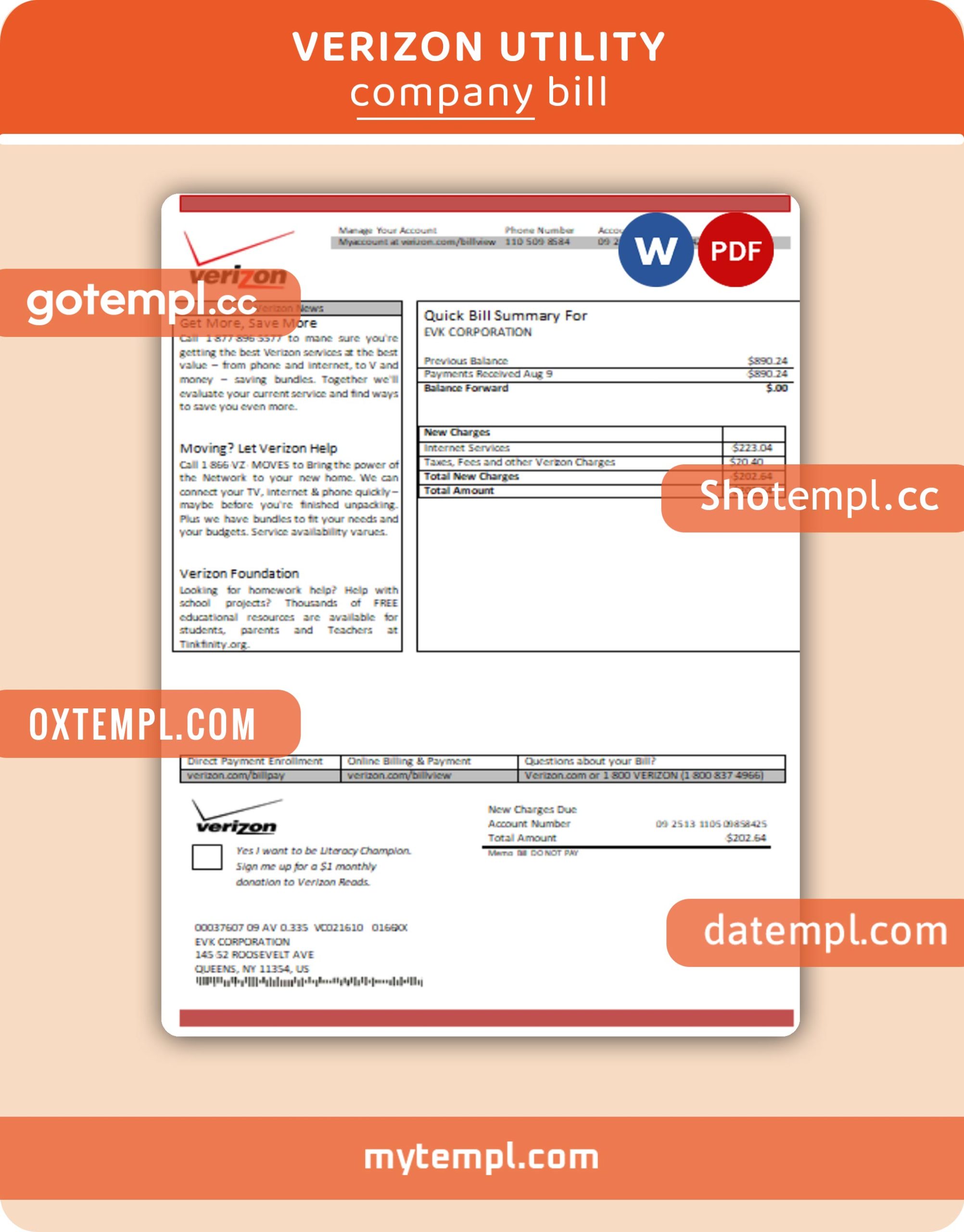 Verizon business utility bill, Word and PDF template, 2 pages