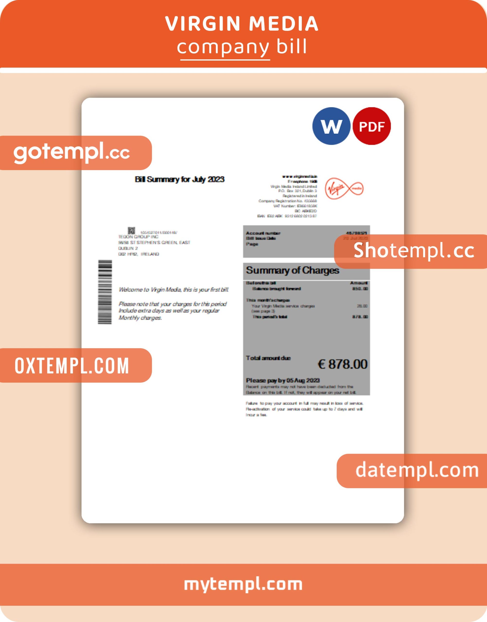 Virgin Media business utility bill, Word and PDF template