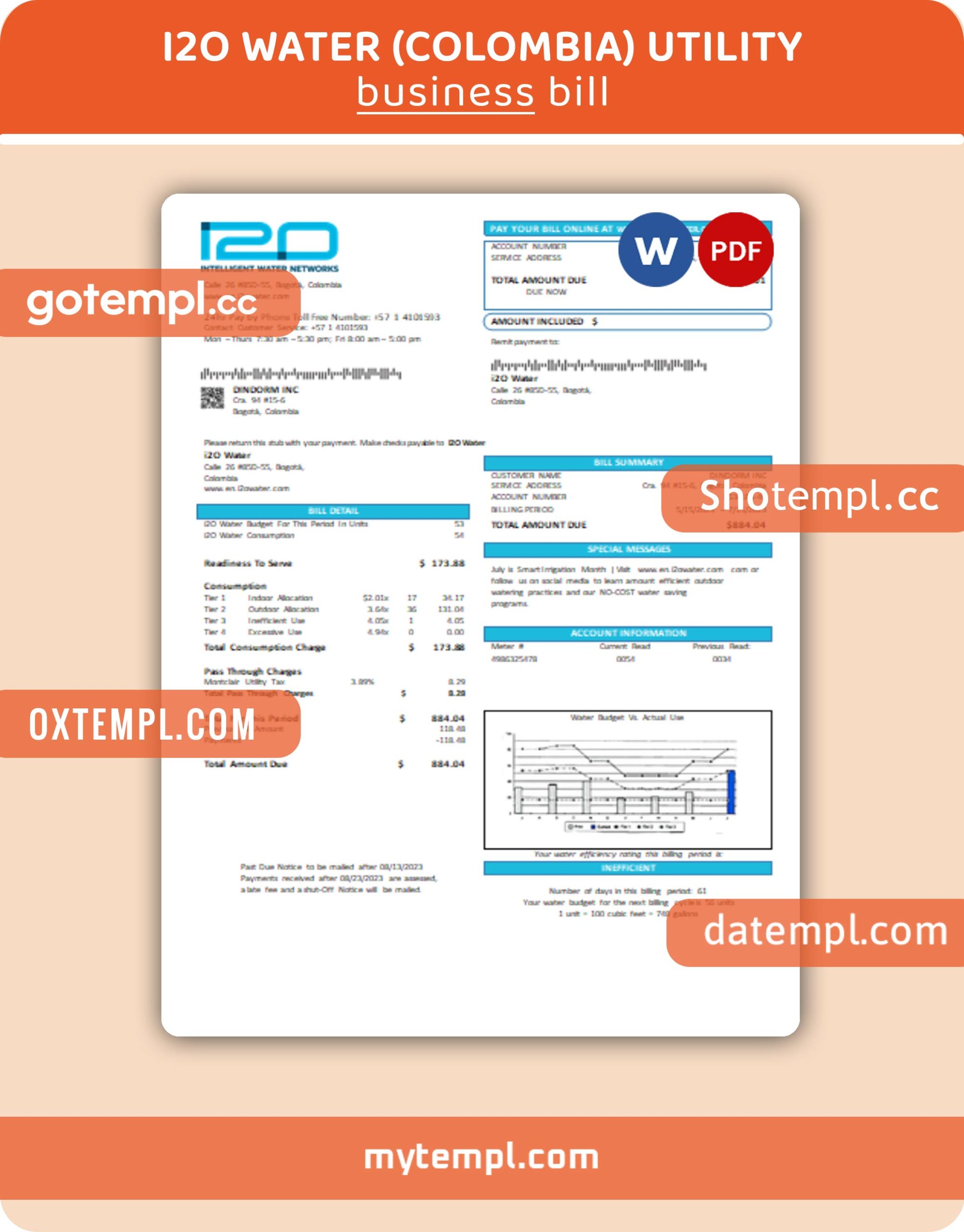 i2O Water (Colombia) business utility bill, Word and PDF template, 4 pages, version 3