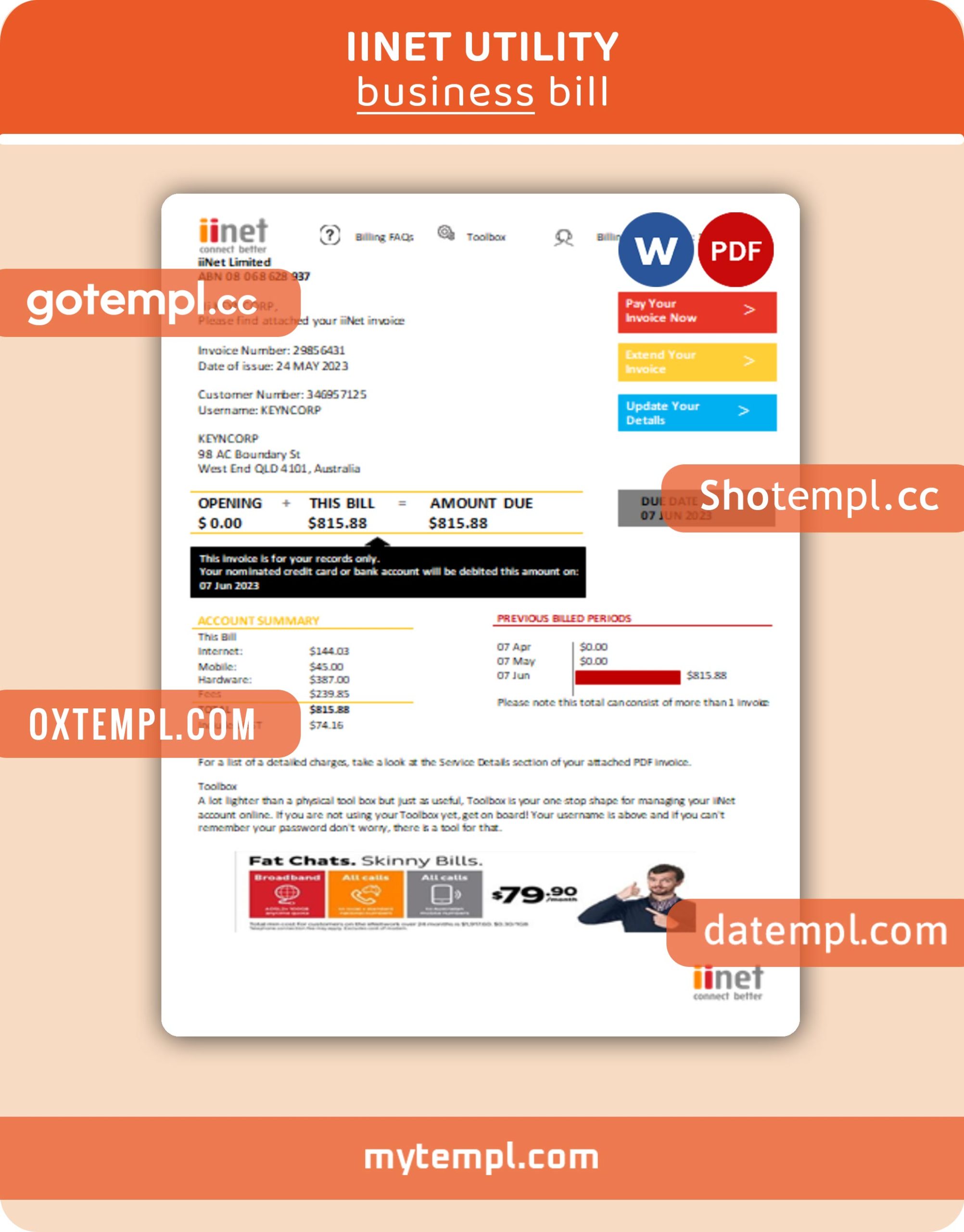 iiNet business utility bill, Word and PDF template