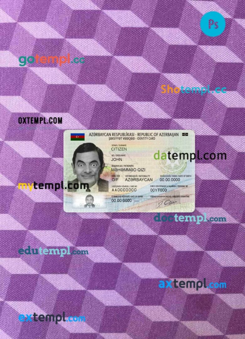 Azerbaijan ID card editable PSD files, scan look and photo-realistic look, 2 in 1