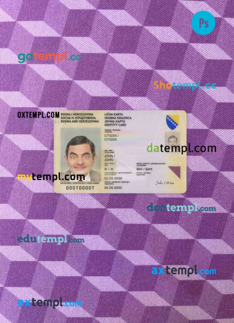 Bosnia and Herzegovina ID card editable PSD files, scan look and photo-realistic look, 2 in 1 (2015-2025)
