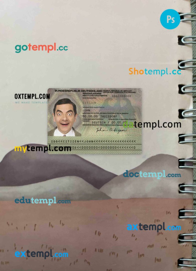 Germany ID card editable PSDs, scan and photo-realistic snapshot, 2 in 1 (2010-2020)
