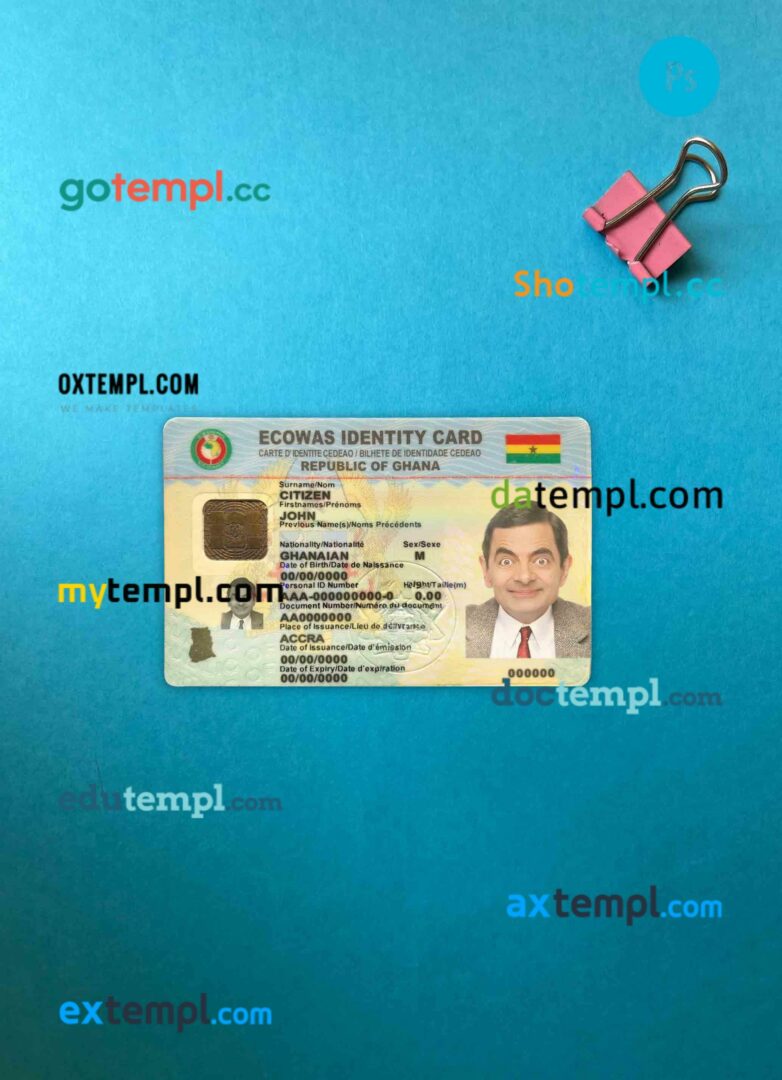 Ghana ID card PSD files, scan look and photographed image, 2 in 1