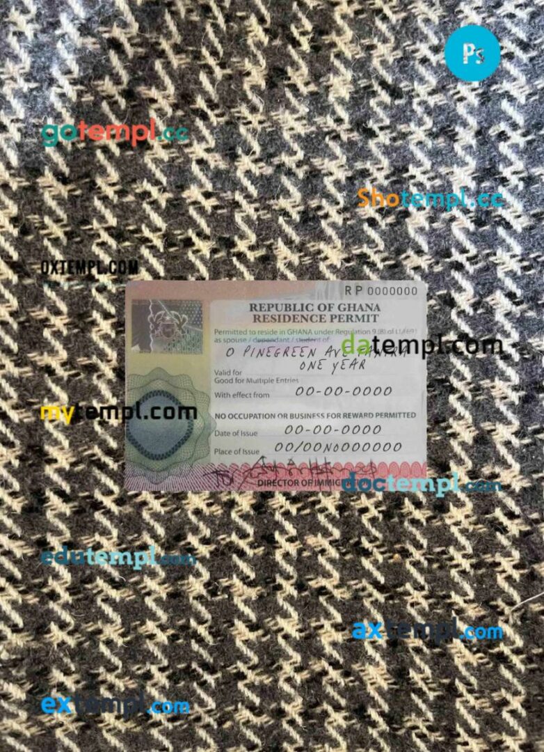 Ghana residence permit editable PSD files, scan and photo taken image, 2 in 1