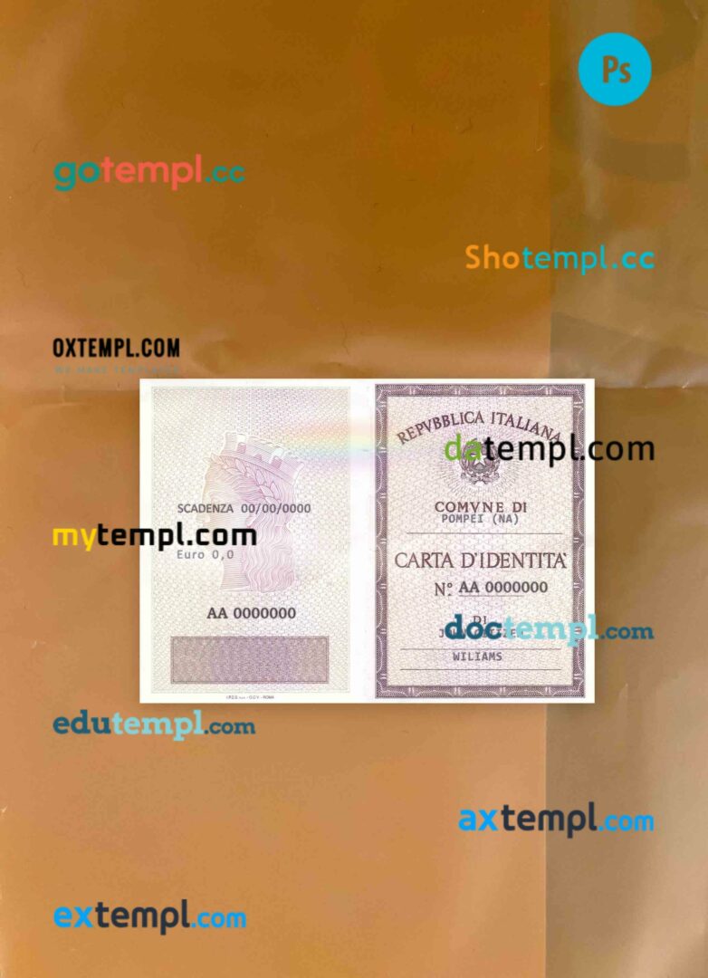 Italy ID card (La Carta D’Identita’ Italiana) PSD files, scan look and photographed image, 2 in 1