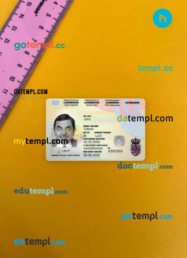 Luxembourg ID card editable PSDs, scan and photo-realistic snapshot, 2 in 1