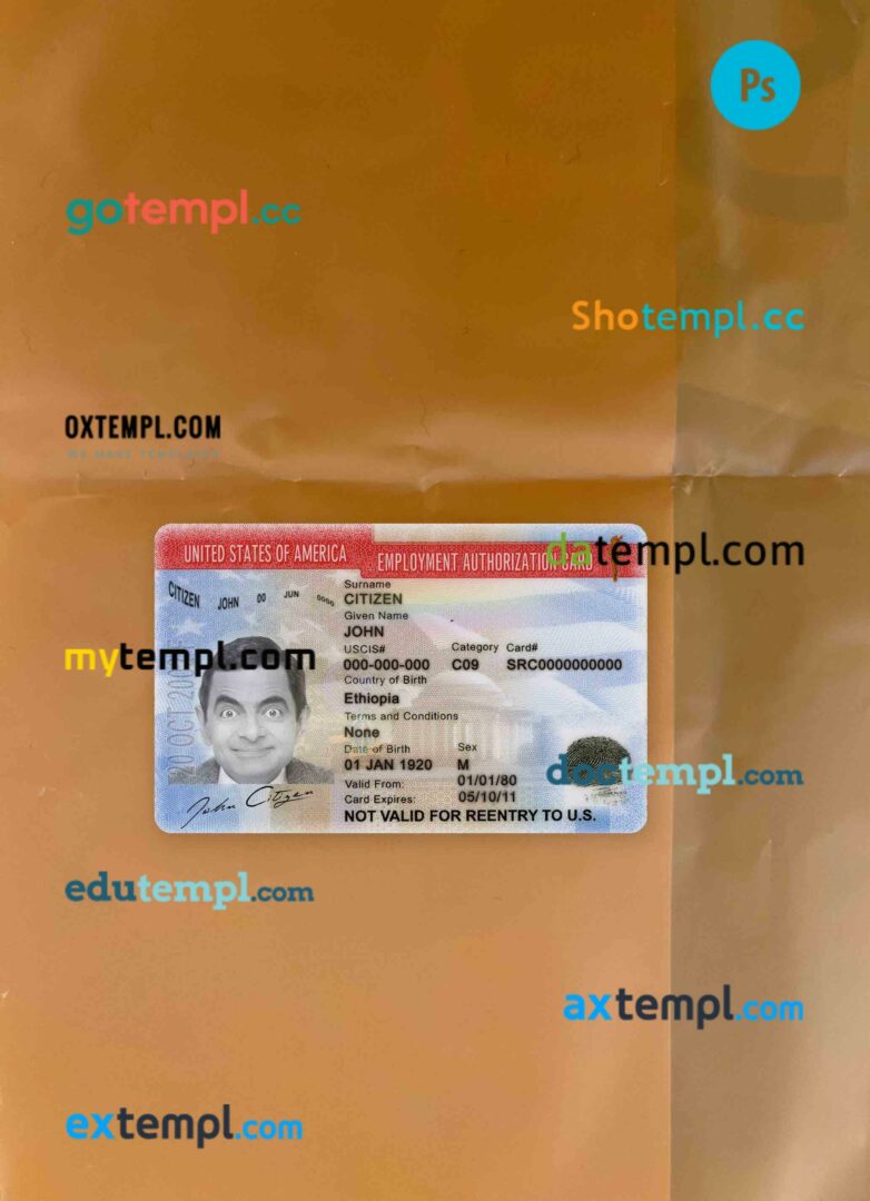 USA employment authorization card editable PSD files, scan look and photo-realistic look, 2 in 1 (version 2)