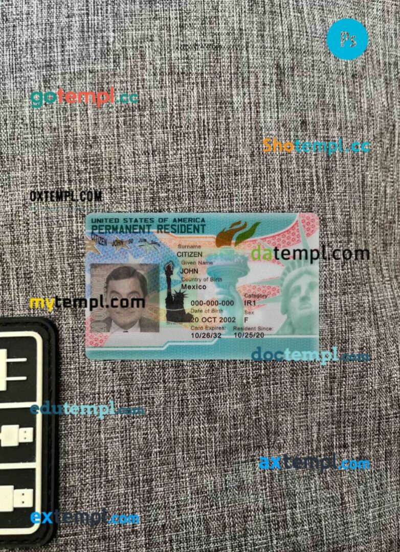 USA new green card editable PSDs, scan and photo-realistic snapshot, 2 in 1 (permanent resident 2023)