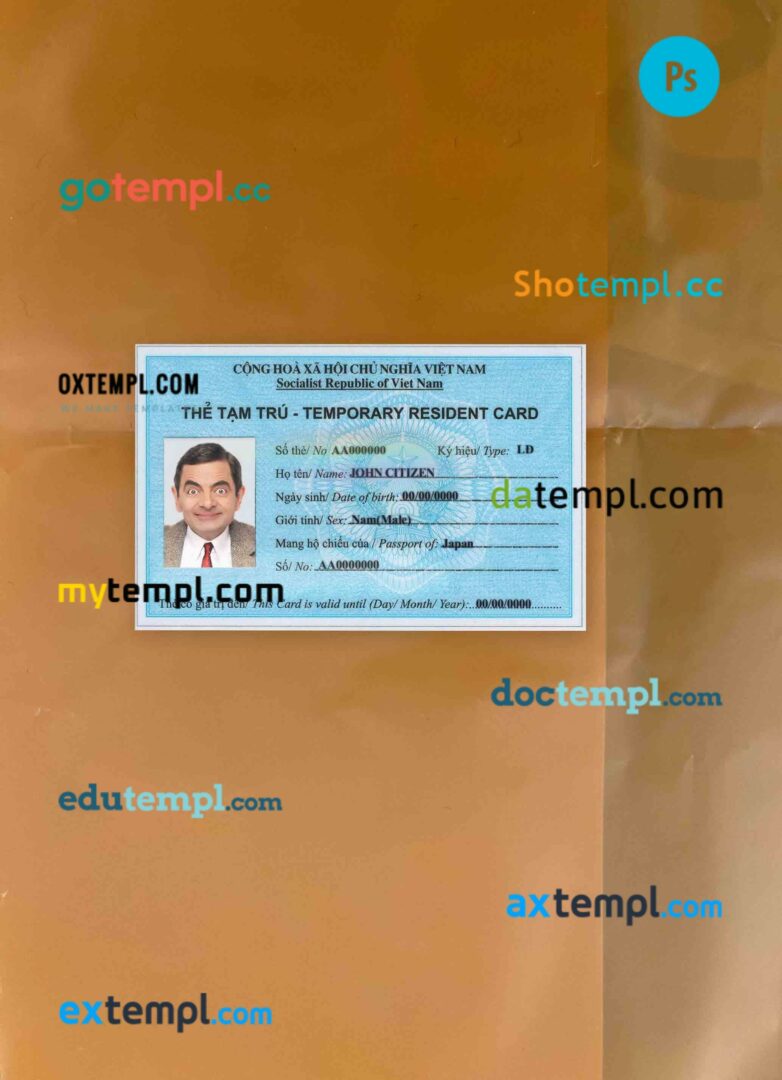 Vietnam residence card PSD files, scan look and photographed image, 2 in 1