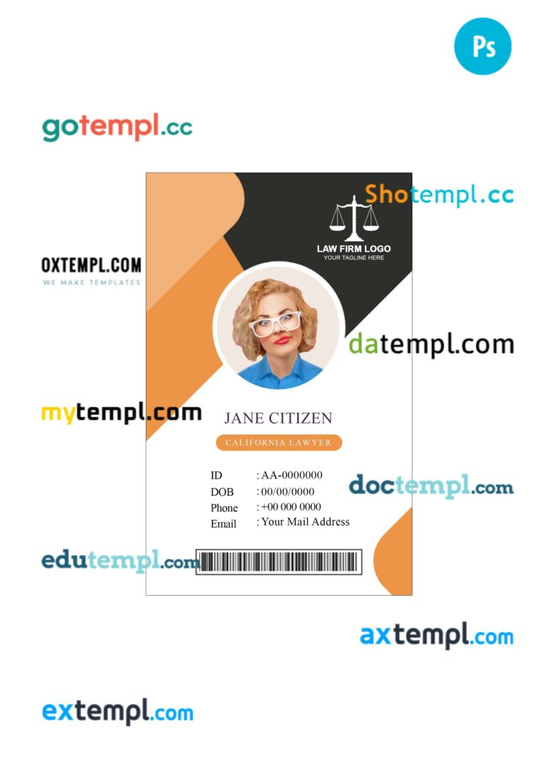 California lawyer ID card PSD template, version 3
