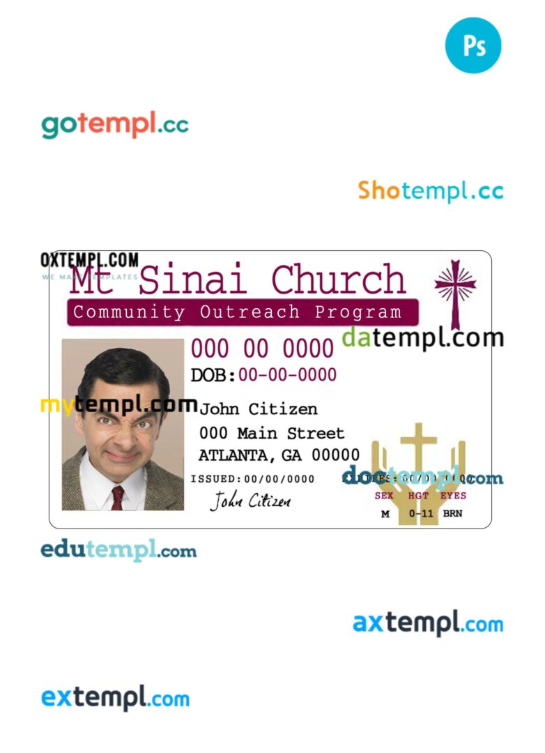 Mt Sinai church ID card PSD template, fully editable